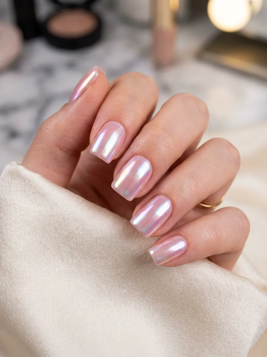pearl chrome short square nails 2026