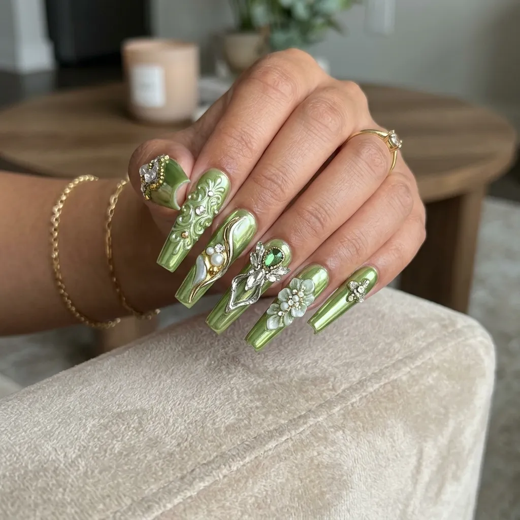 pistachio nails 2026 long coffin chrome design