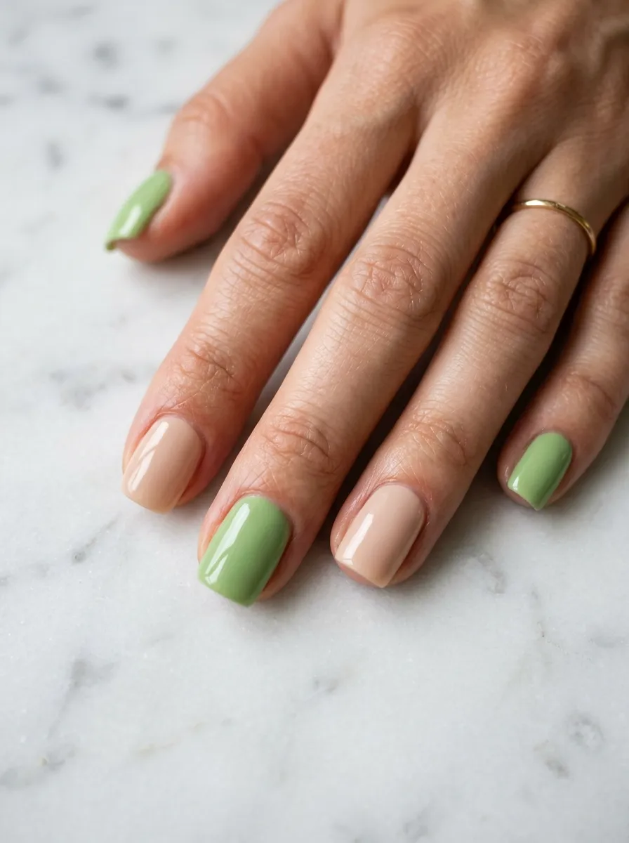 alternating mismatched nails 2026 pistachio nude