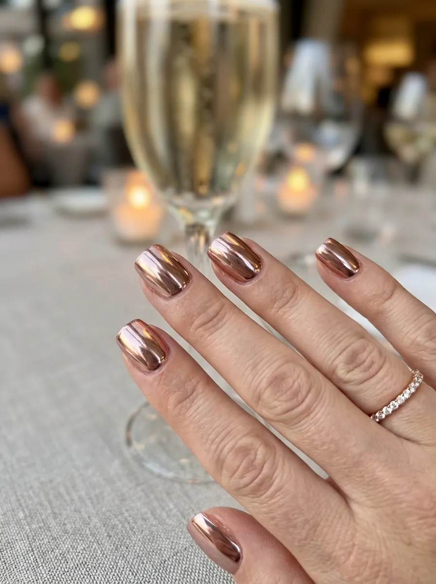 bachelorette party nails 2026 rose gold chrome