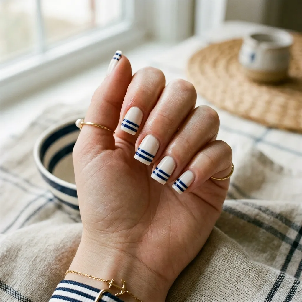 striped nails 2026 short square navy and white