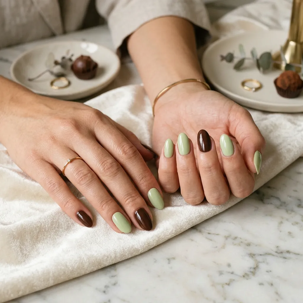 pistachio nails 2026 chocolate brown skittle design