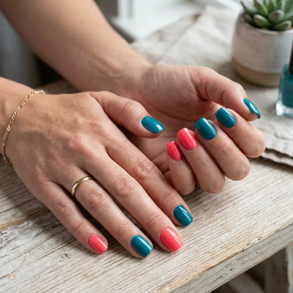 coral nails 2026 and teal skittle design