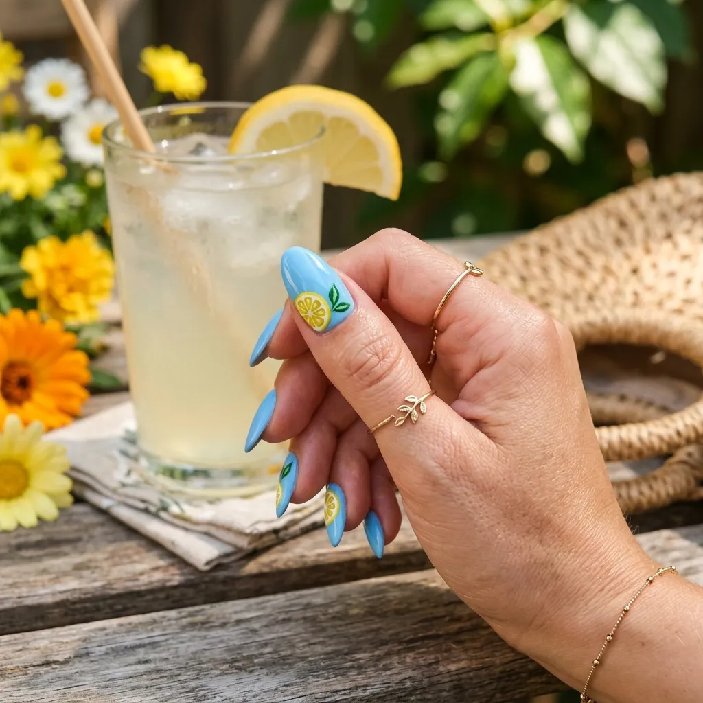 greek nails 2026 lemon and blue summer design