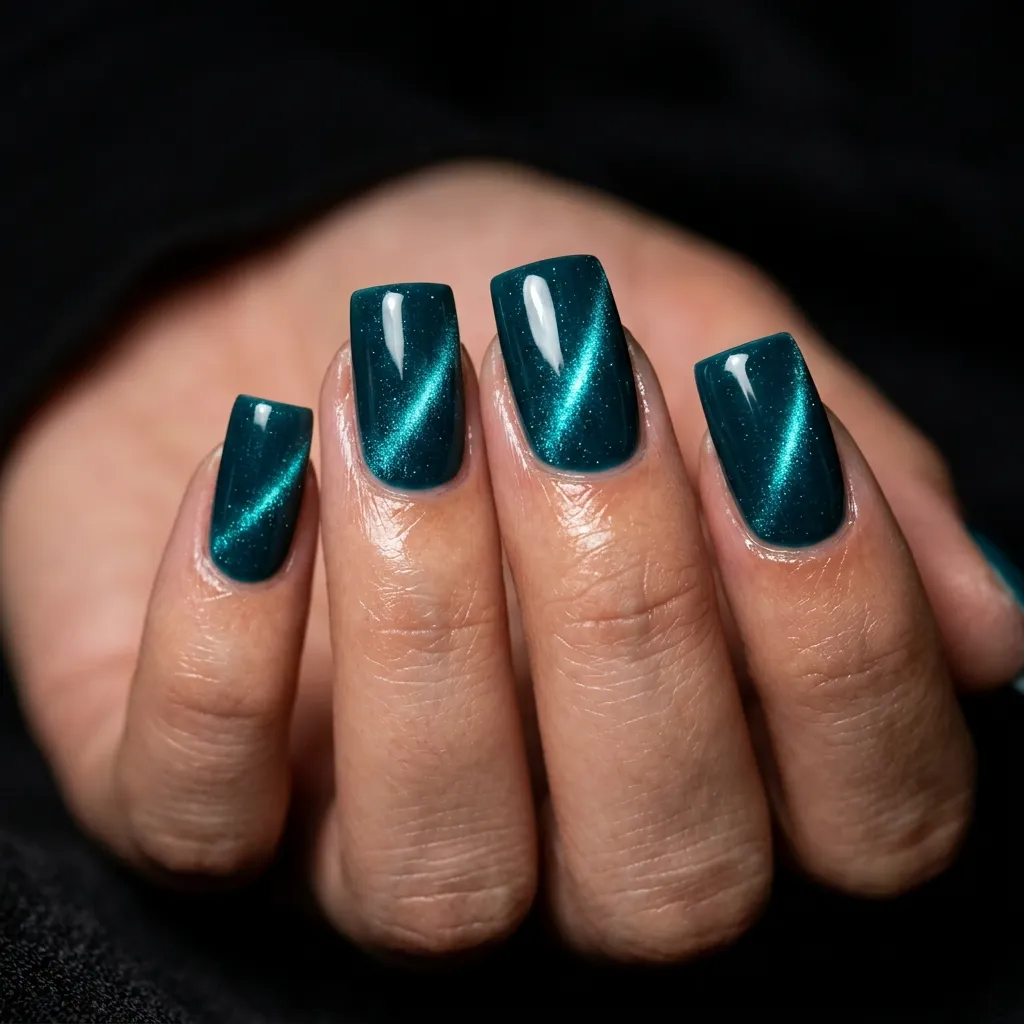 July Nails 2026 aqua teal cat eye square nails