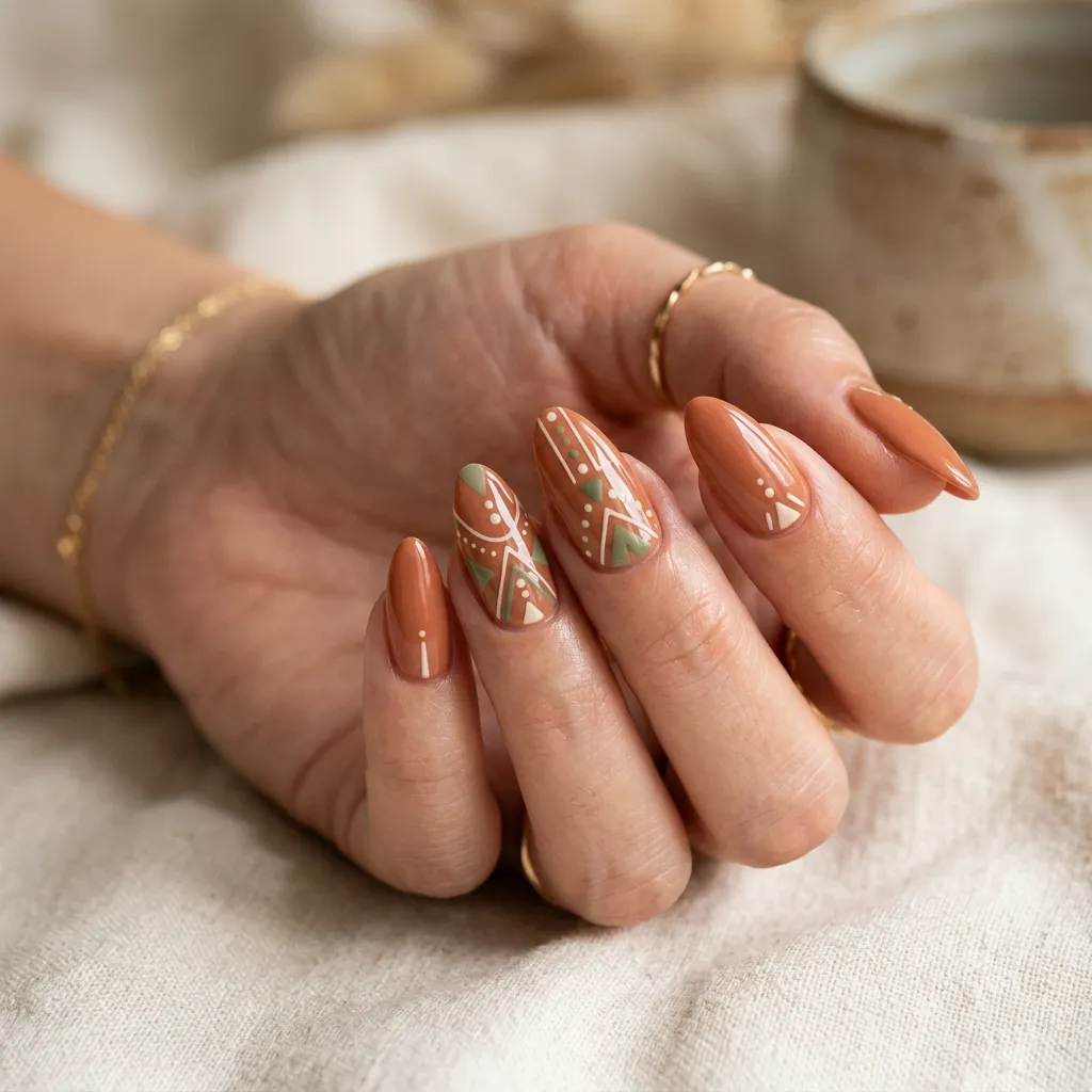 Terracotta and olive mediterranean nails with geometric cream detail