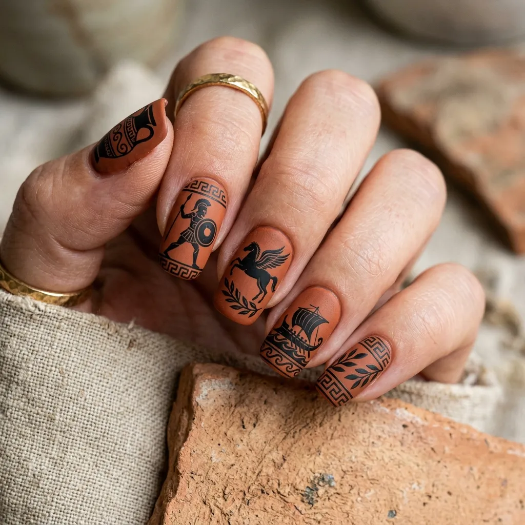 greek nails 2026 terracotta pottery design