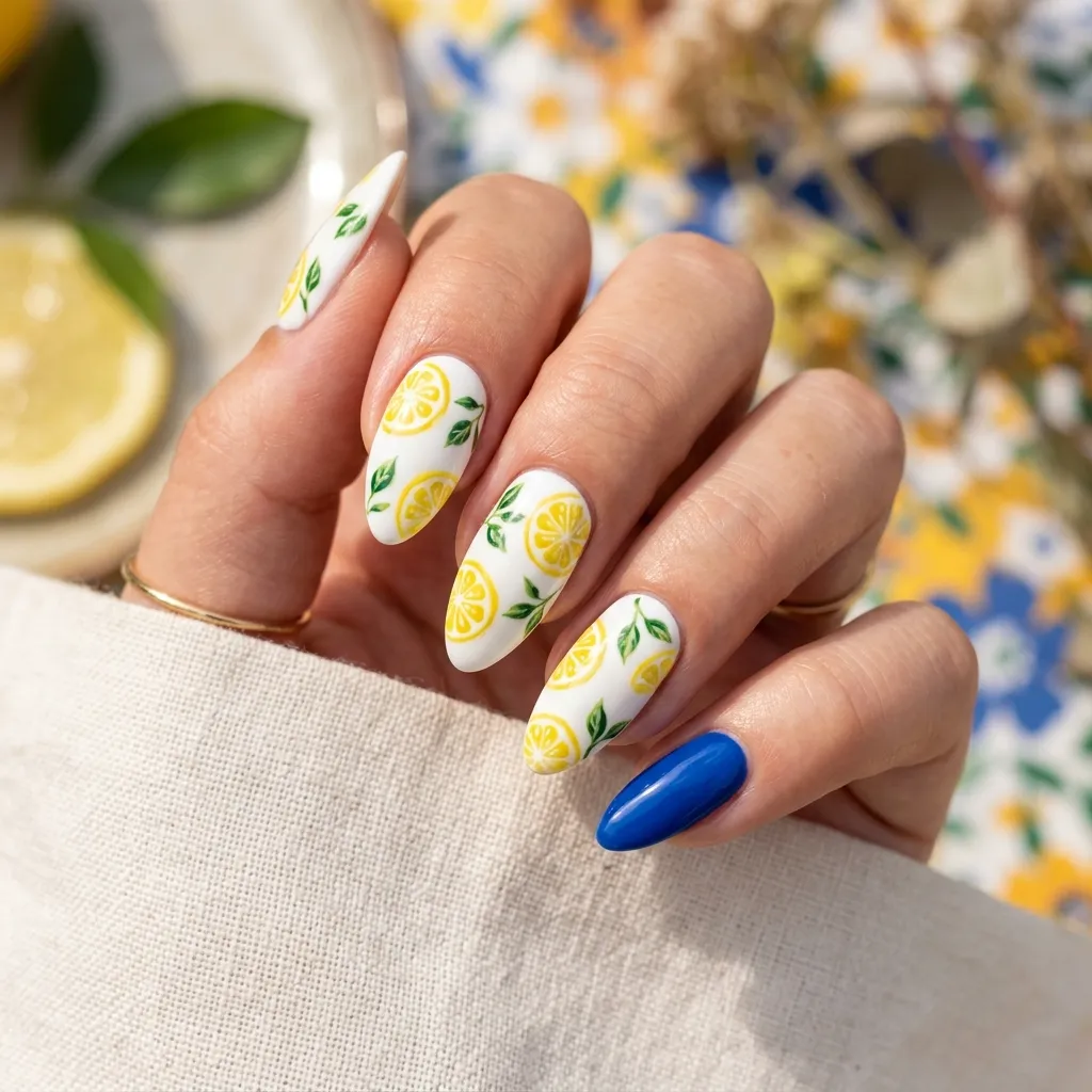 Amalfi lemon nails with hand-painted lemons on white base
