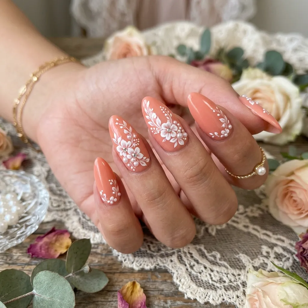 coral nails 2026 floral pearls design