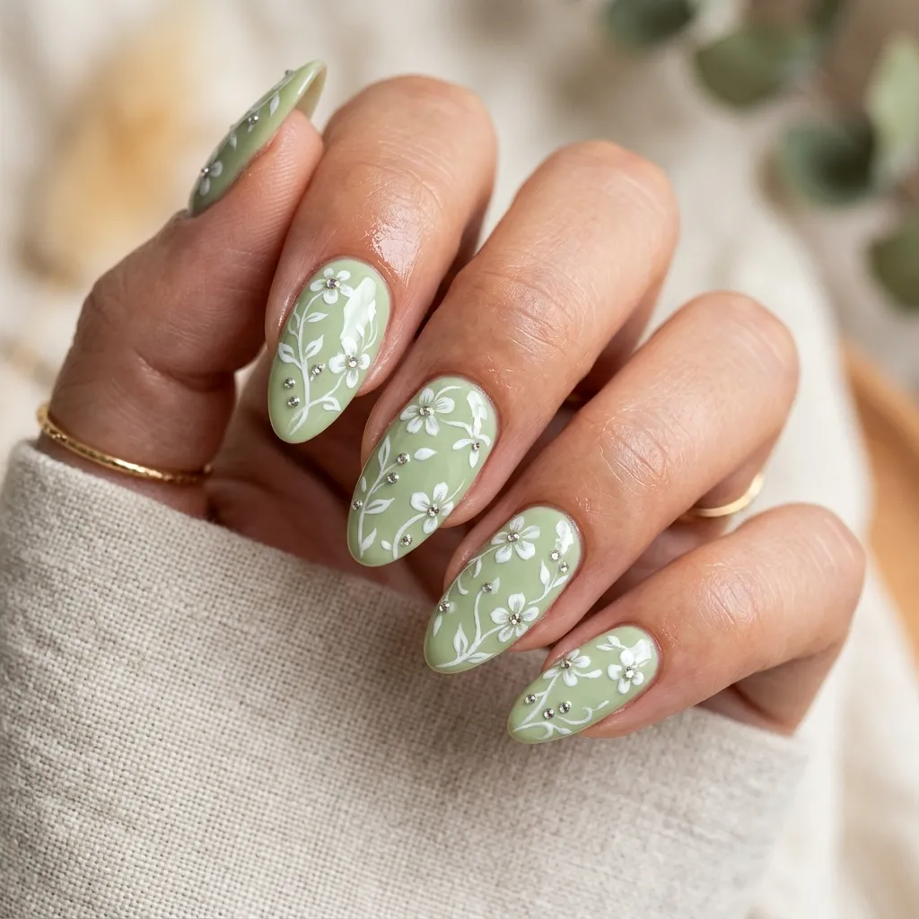 pistachio nails 2026 white floral design