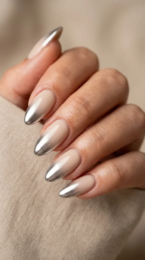 Chrome tipped ombre nails mirror metallic tip manicure