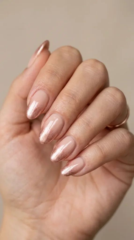 Nude to rose gold ombre nails shimmer tip manicure