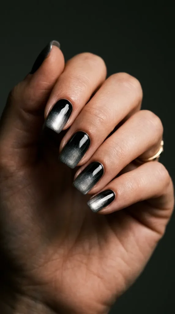 Black to silver ombre nails moody gradient manicure