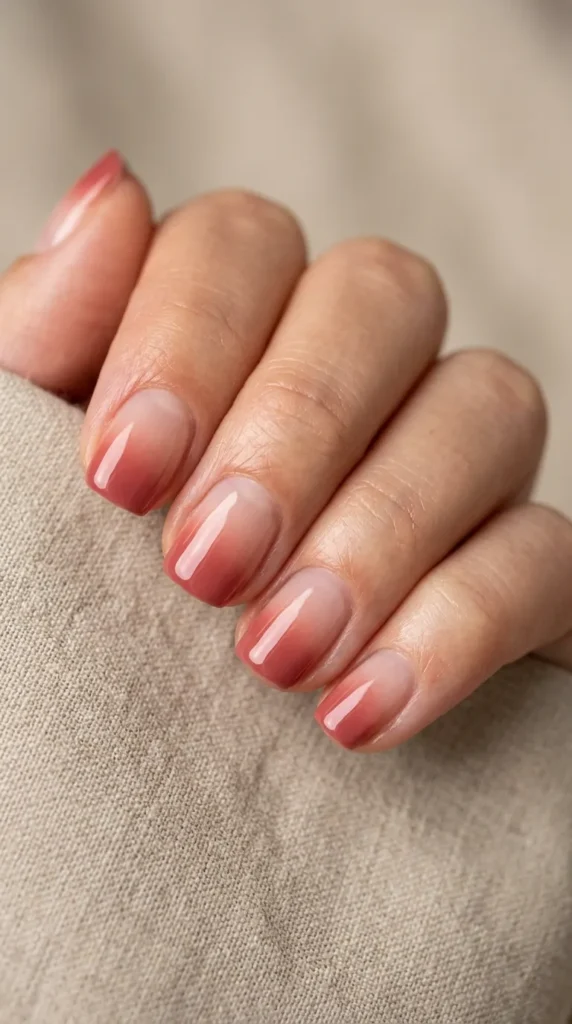 Reverse ombre nails solid tip fading to bare gradient manicure
