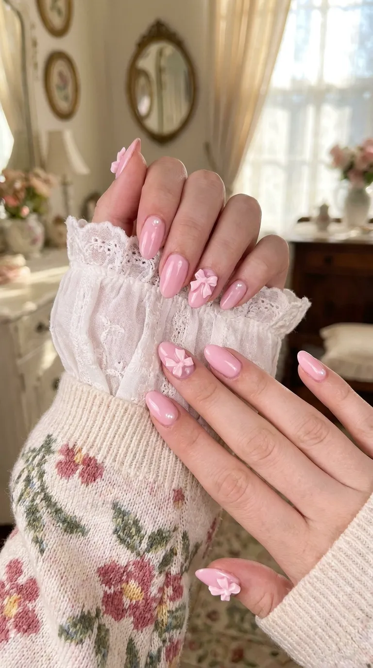 3D bow nails with coquette outfit styling