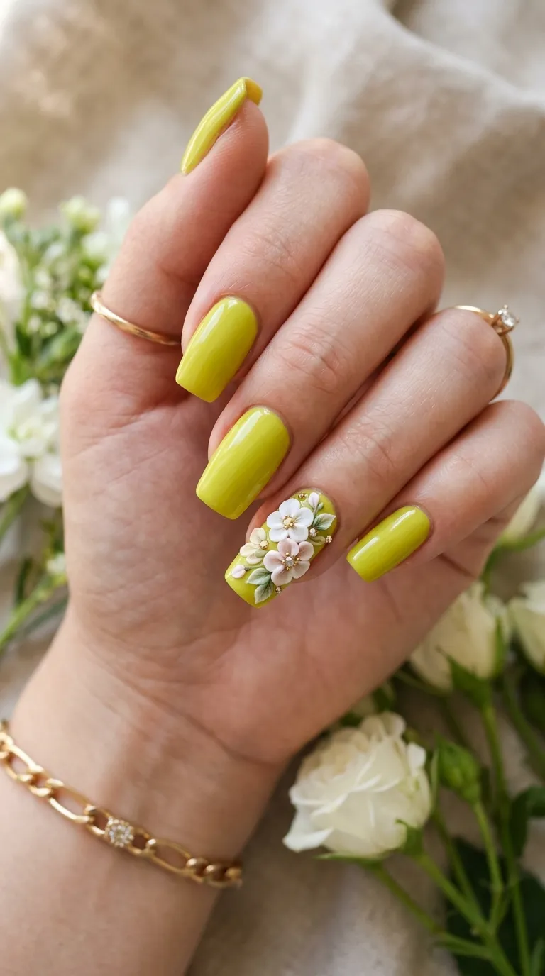 3D floral nail art on chartreuse nail polish base
