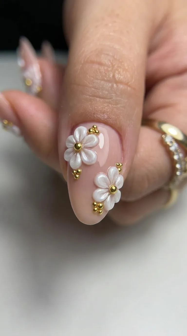 3D pearl floral accent nail with gold bead detail