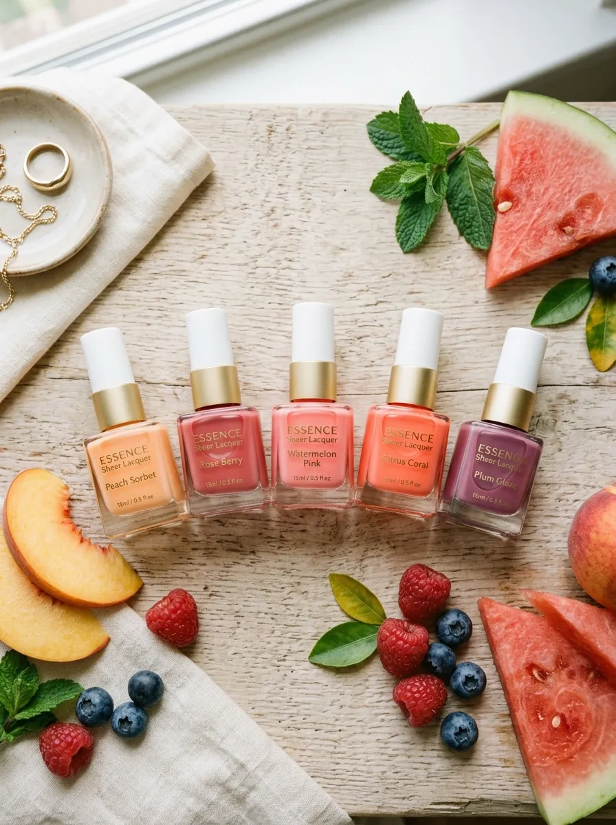 syrup nail polish colors trending 2026 sheer bottles flat lay