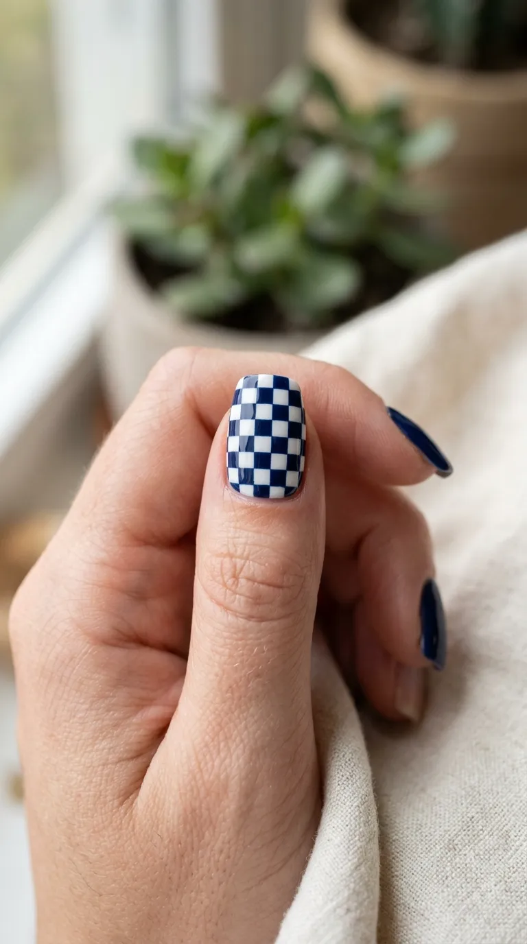 Checkerboard surf stripe accent nail in navy and white