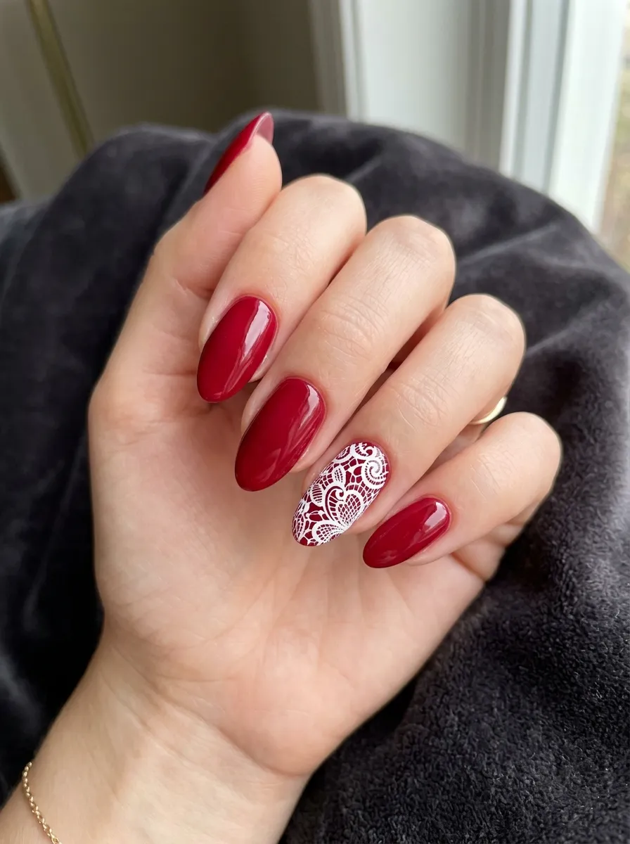 white lace red doily nail accent