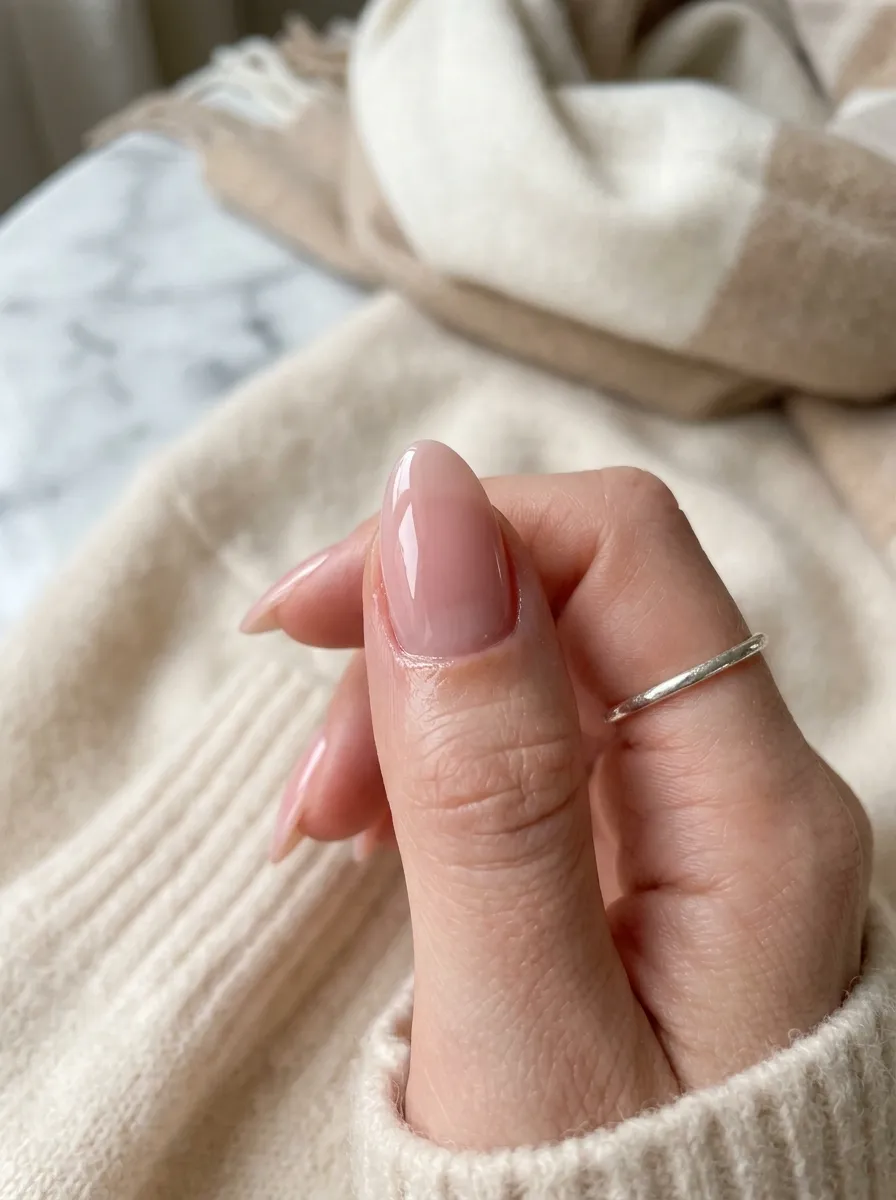 milky pink almond nail glossy detail