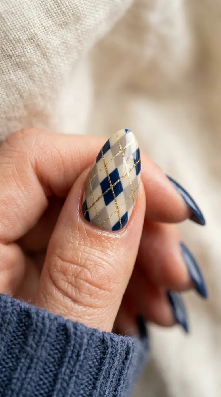 plaid nails almond argyle pattern