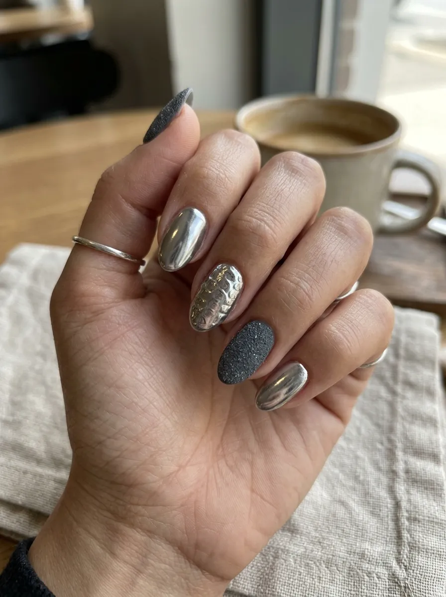 short almond alien core nails chrome texture