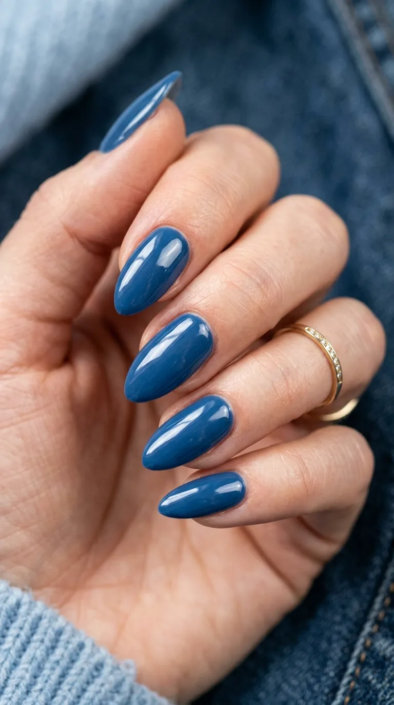 denim blue nails on almond shape