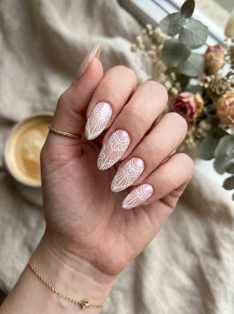 almond doily nails radiating lace lines