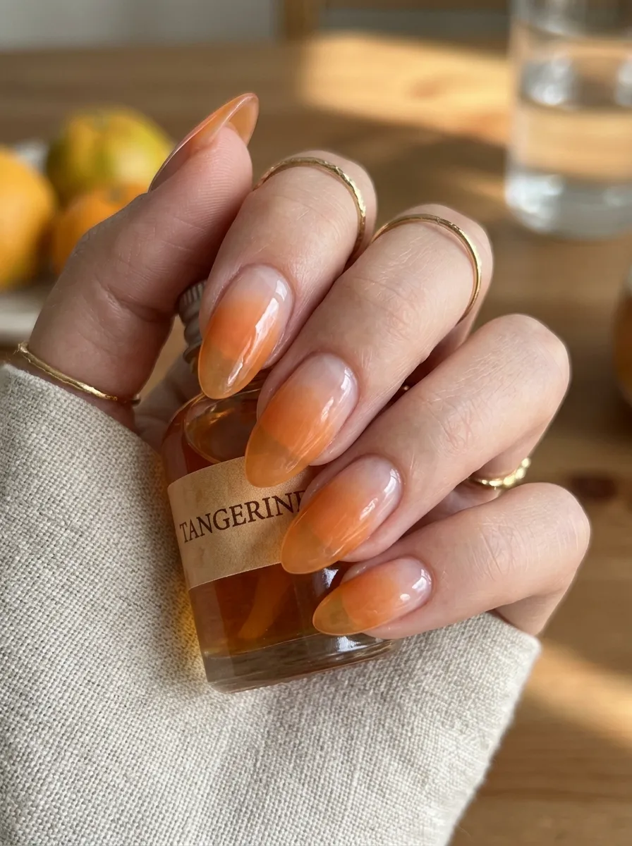 almond shape syrup nails tangerine gradient