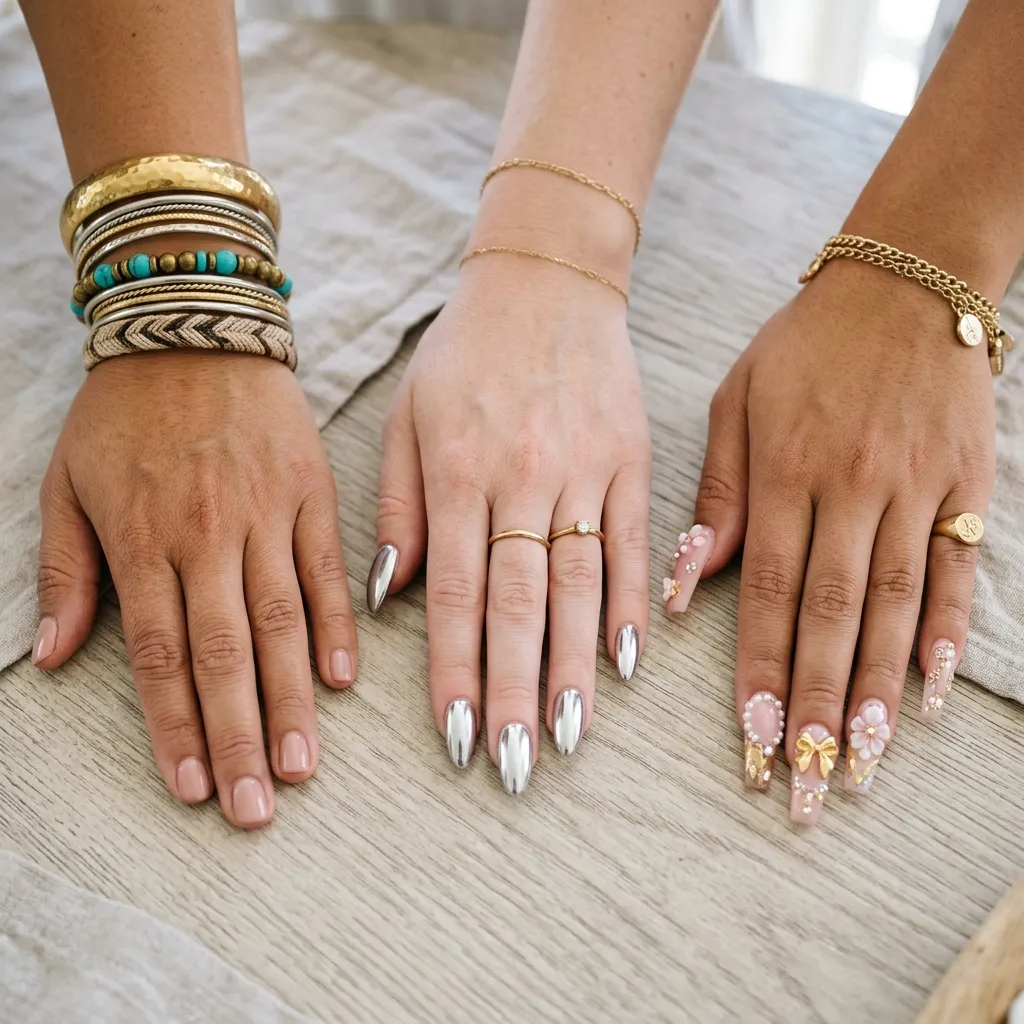 bangle nails vs chrome vs 3D gel nails comparison