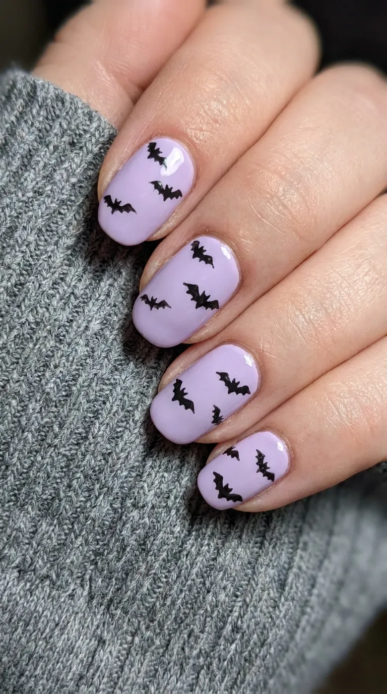 Bat nail art on lilac Halloween nails