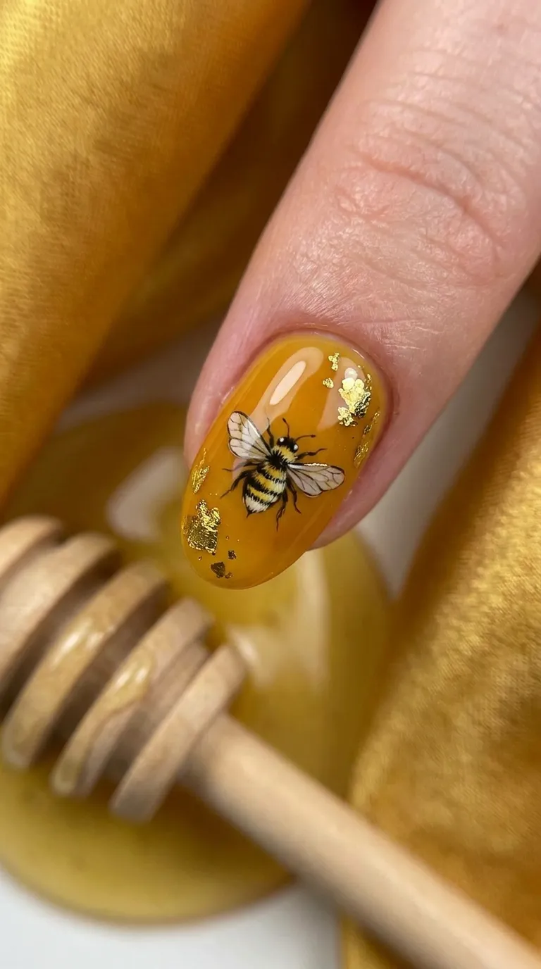 Bee accent nail detail on a warm honey background