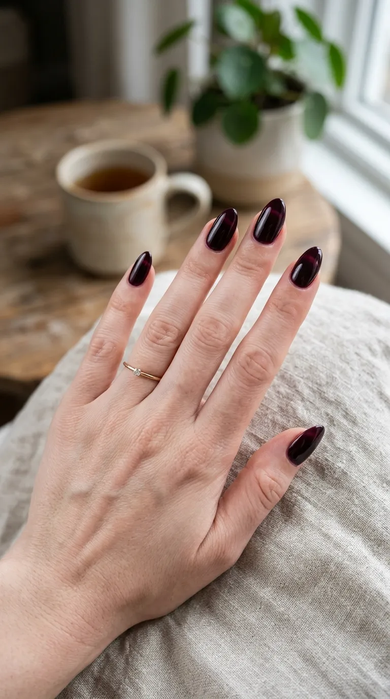 Black cherry jelly nails paired with neutral outfit
