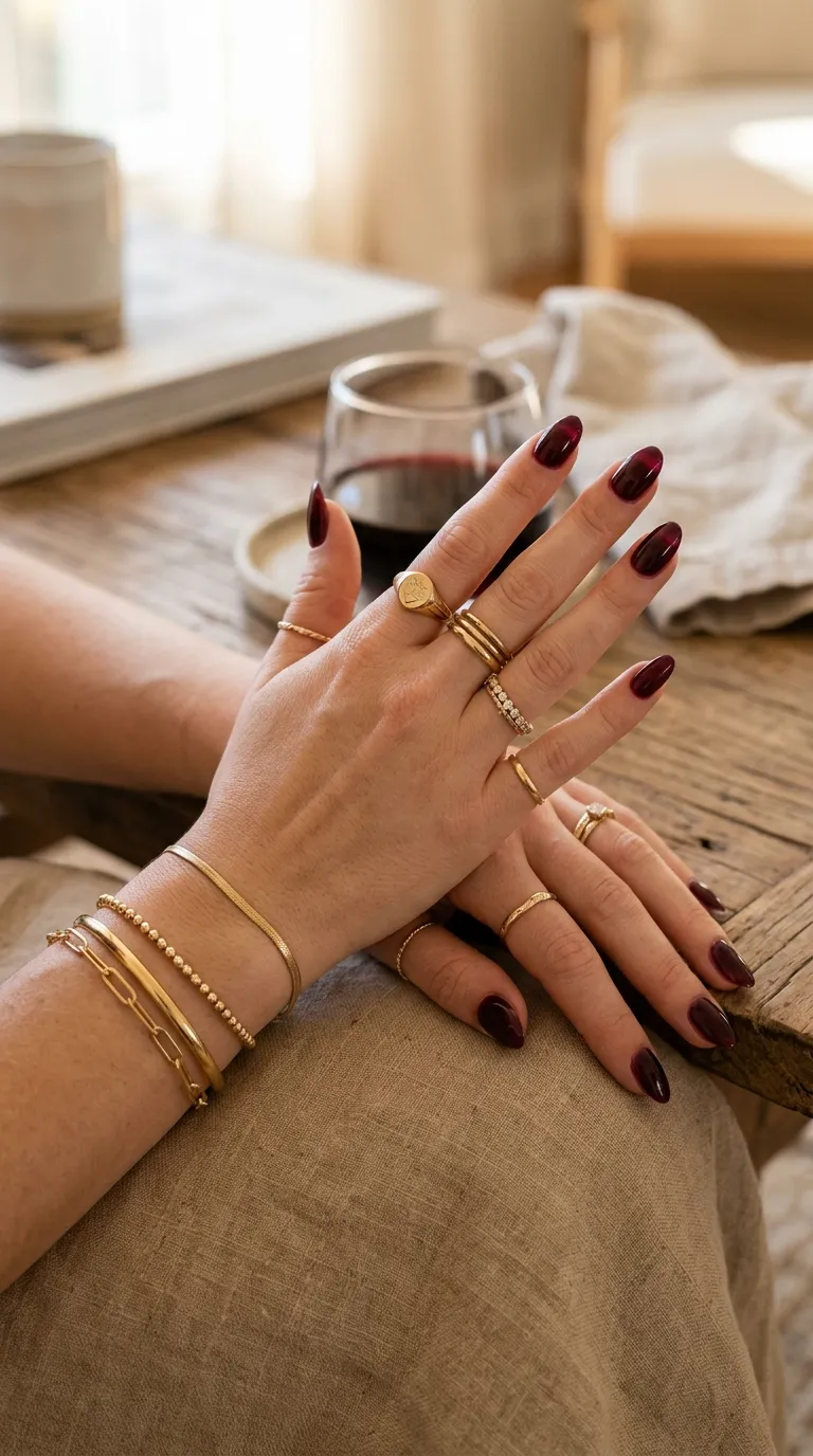 Black cherry jelly nails with gold jewelry