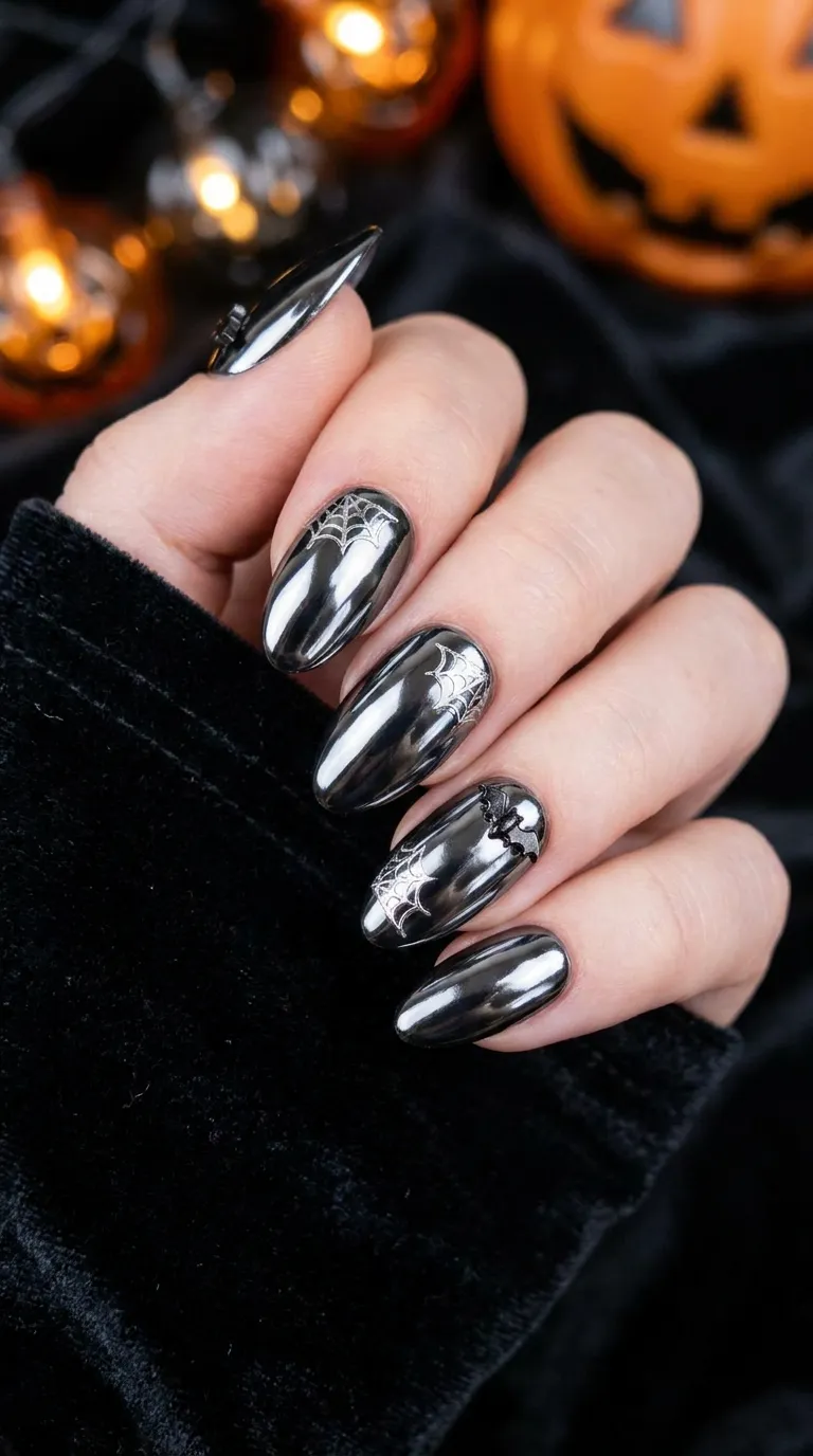 Black chrome Halloween nails design