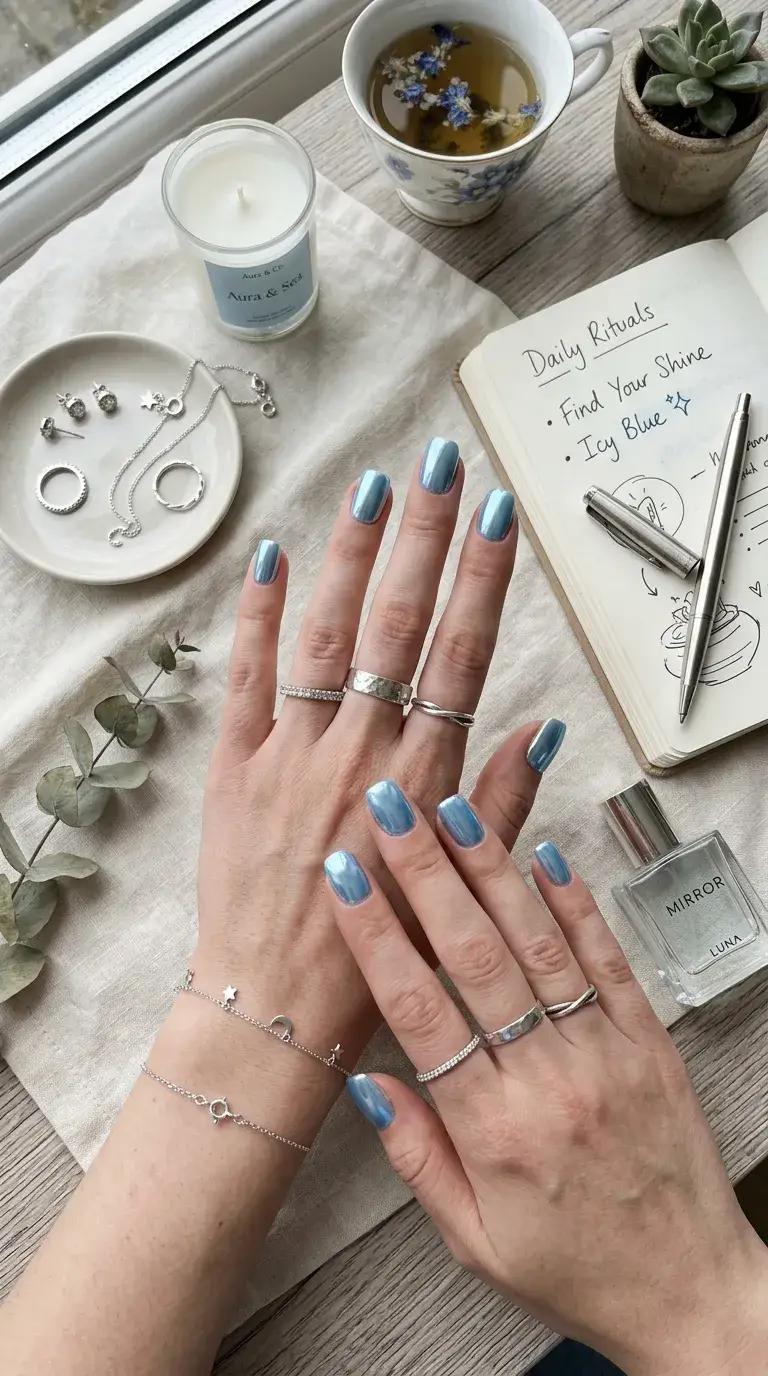 Icy blue chrome manicure with silver jewelry