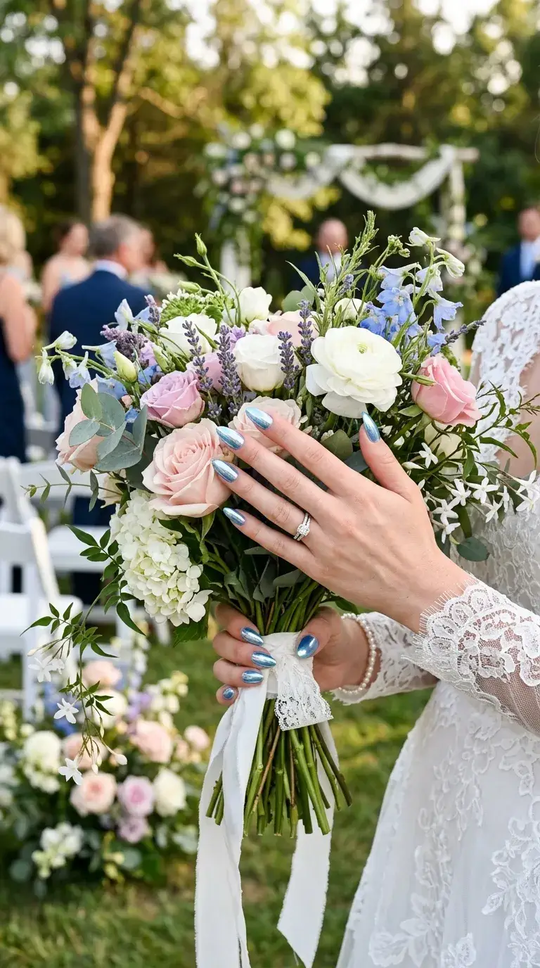 Icy blue chrome nails holding florals for summer event