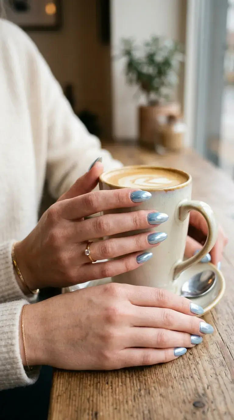 Short almond icy blue chrome nails
