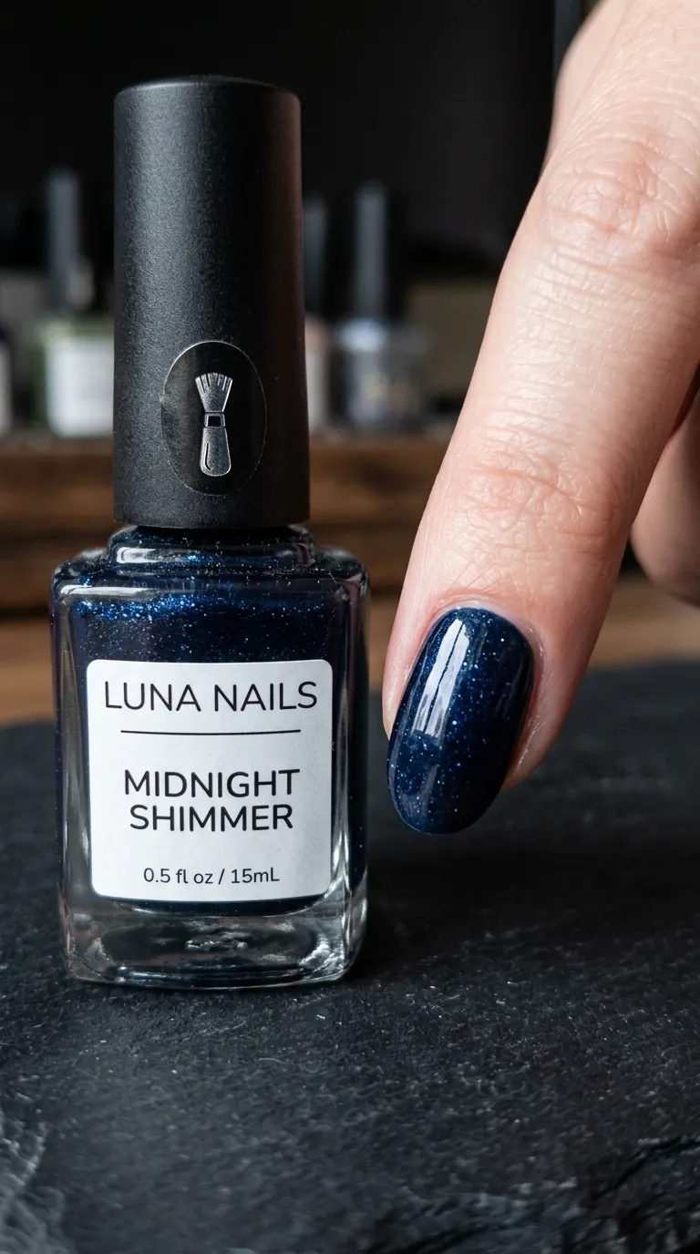 Midnight blue nail polish swatch close-up
