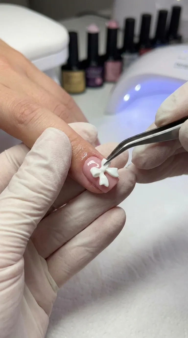 Bow charm applied to top of nail