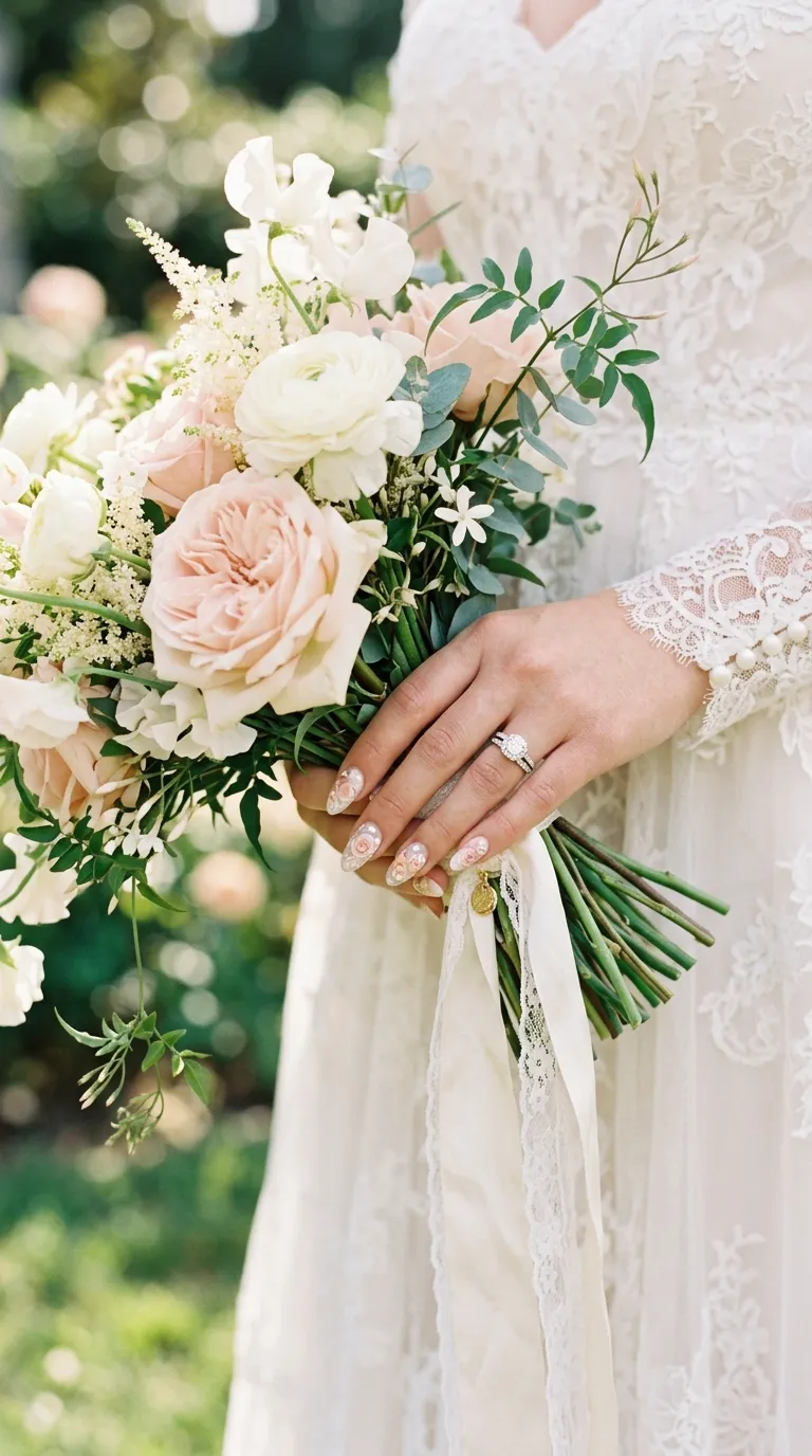 wedding blooming gel nails bridal design