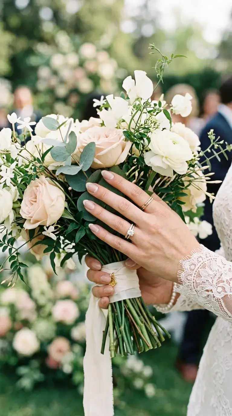 Bridal hand holding bouquet with reverse French manicure