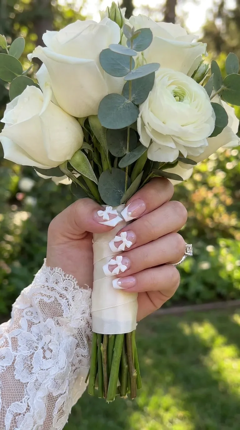 Bridal hand holding bouquet with 3D bow nails