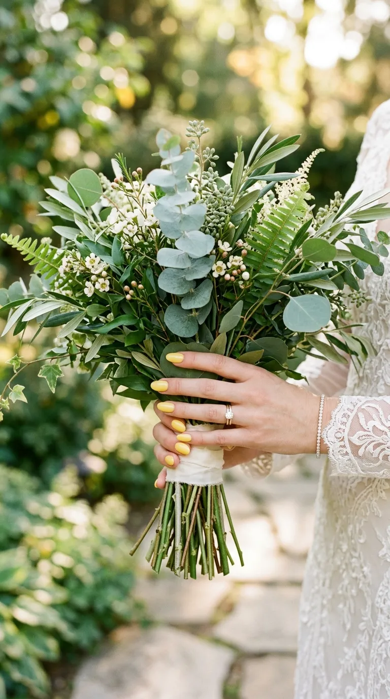 Bridal hand holding greenery bouquet with butter yellow nails