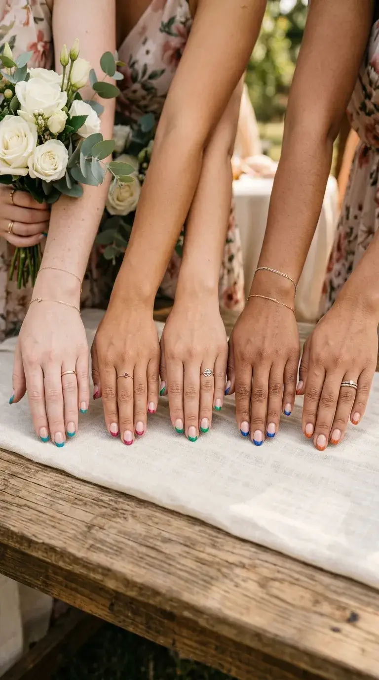 Bridesmaid hands showing reverse French color shades