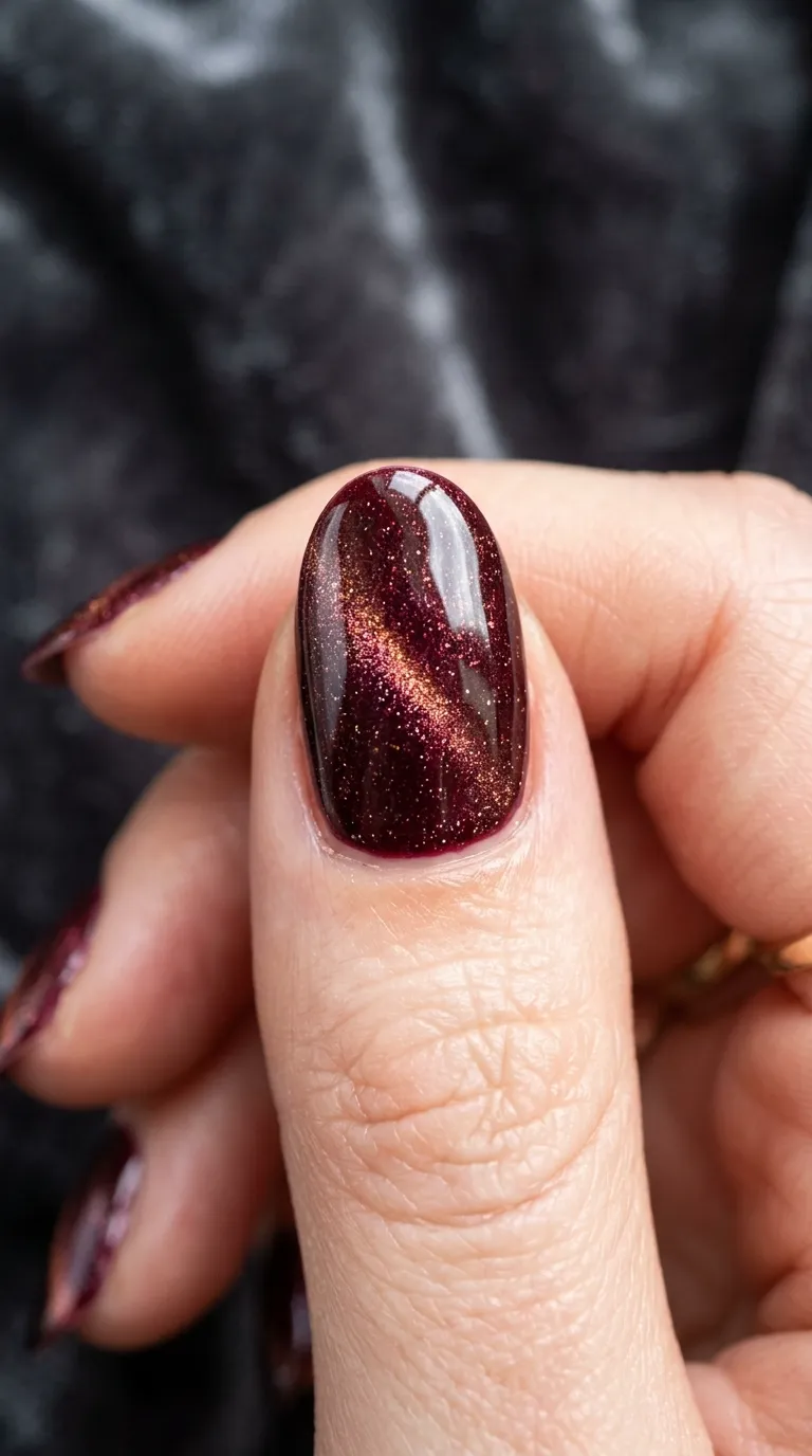 Burgundy cat-eye polish effect