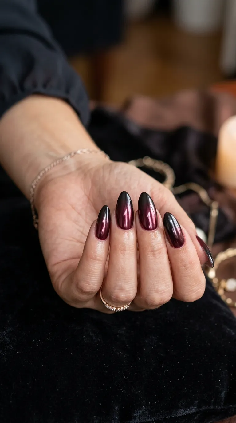Burgundy chrome ombre nails