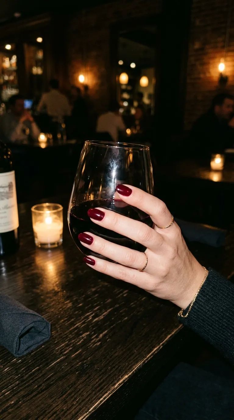 Burgundy manicure holding wine
