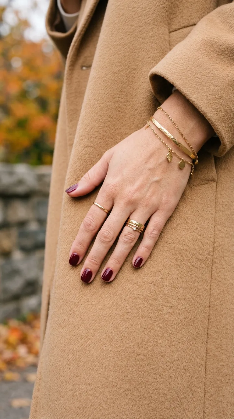 Fall nails paired with camel coat outfit